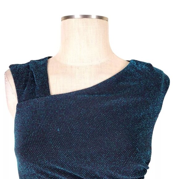 Vince Camuto Bodycon Dress Size 6 Black Aqua Asymmetrical Neck Sparkle Ruching - Picture 2 of 13